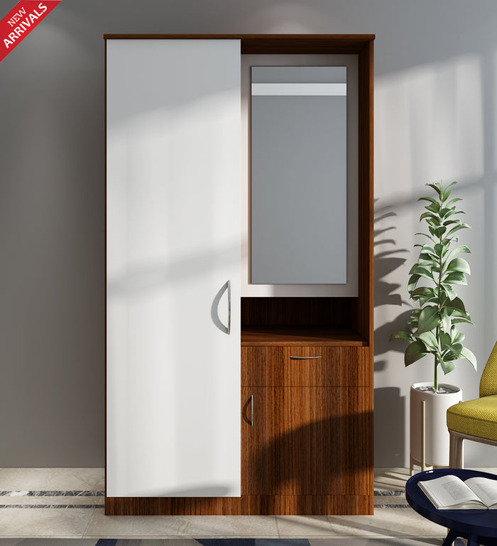 Barney Small Wardrobe cum Dresser | Walnut and Frosty White Without Mirror