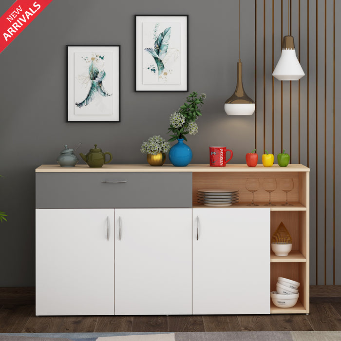 Alex Crockery Unit | Beige Teak, Grey and Frosty White