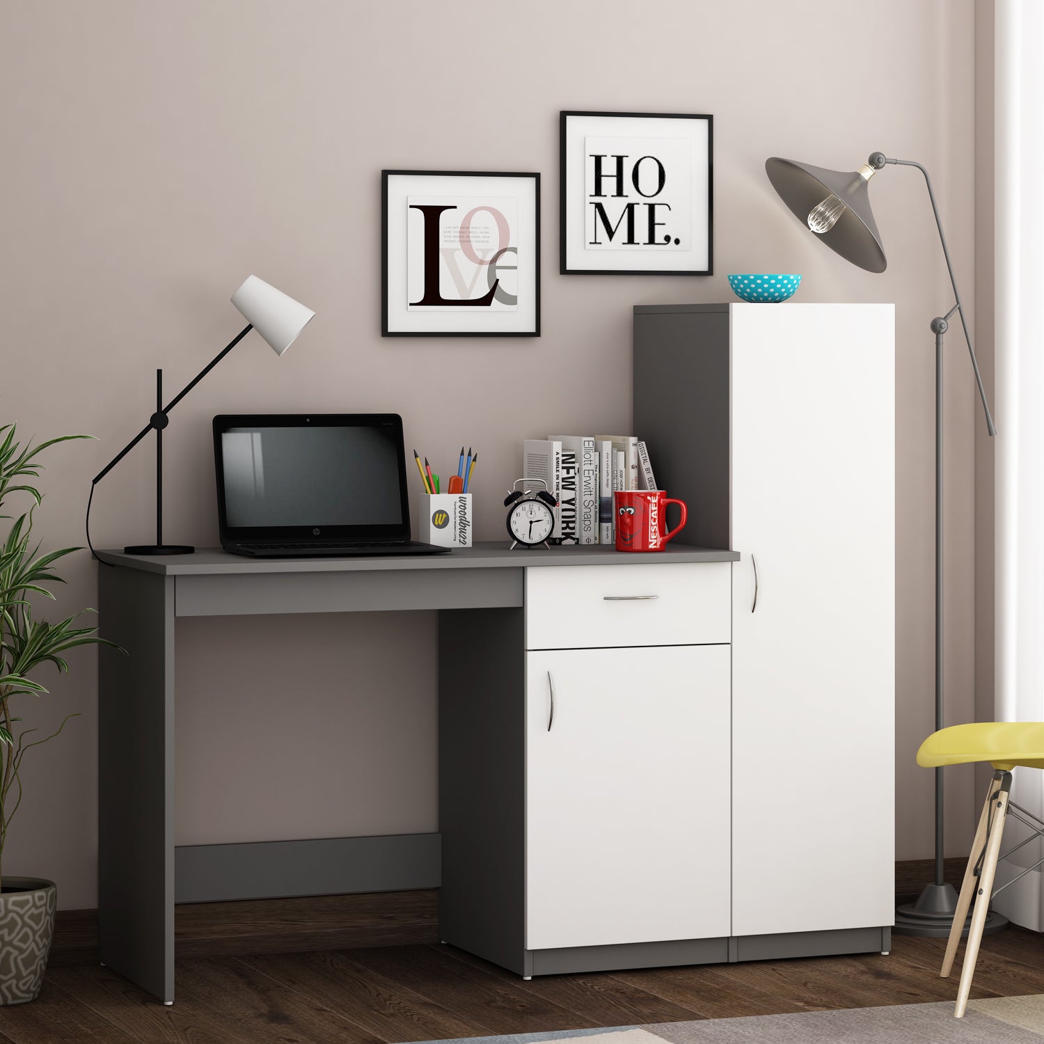 Eager Study Table with O/H Storage | Grey and Frosty White