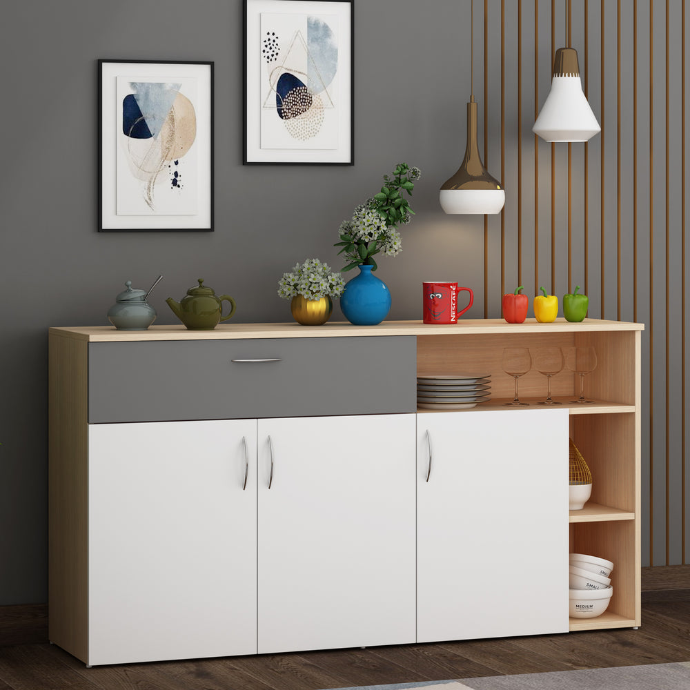 Alex Crockery Unit | Beige Teak, Grey and Frosty White