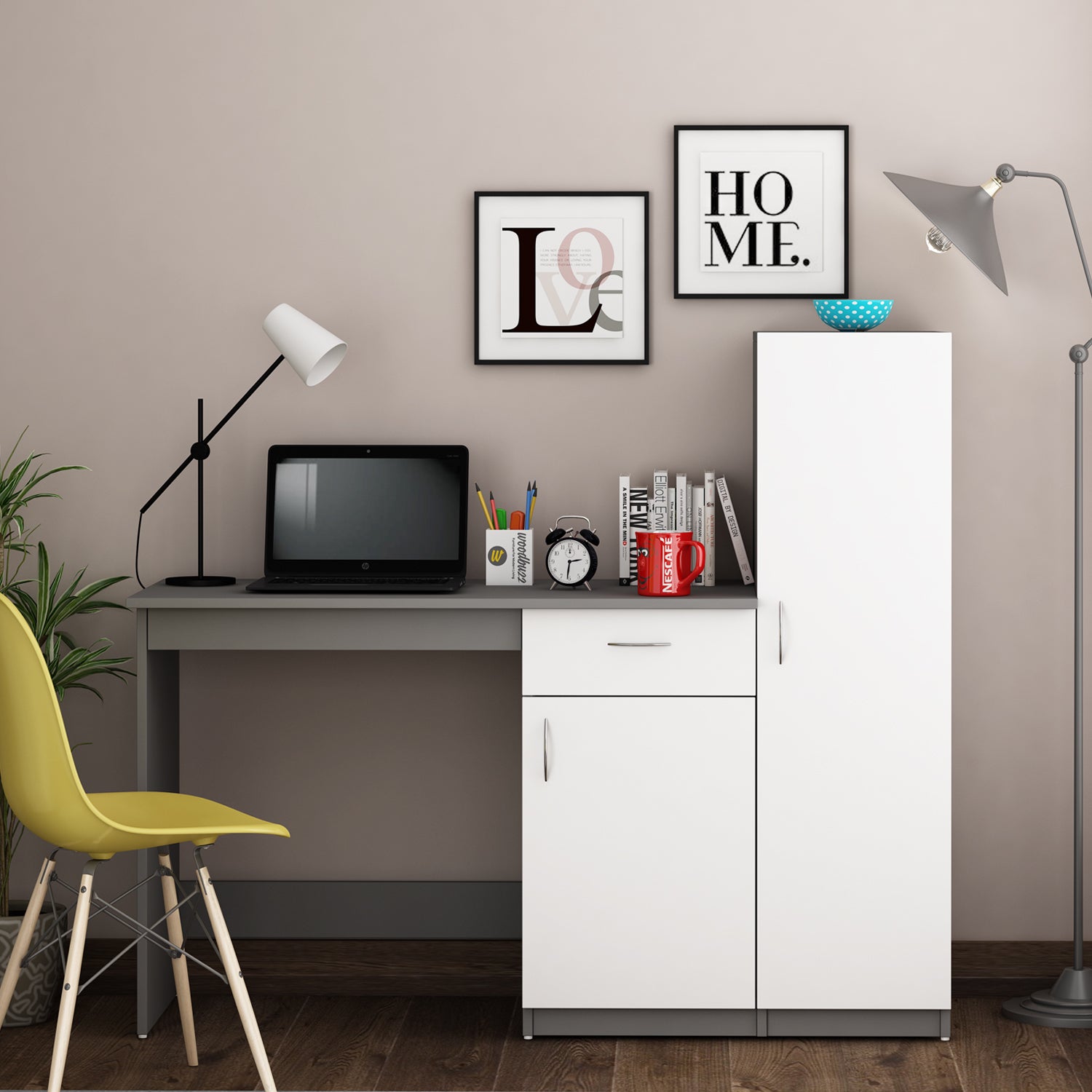 Eager Study Table with O/H Storage | Grey and Frosty White