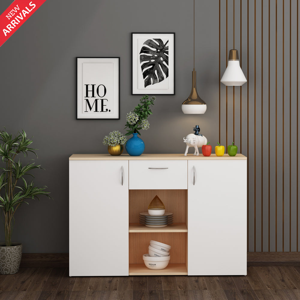Kyrss Crockery Unit | Beige Teak and Frosty White