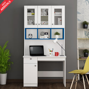 Swotty Study Table with O/H Storage- Blue & Frosty White