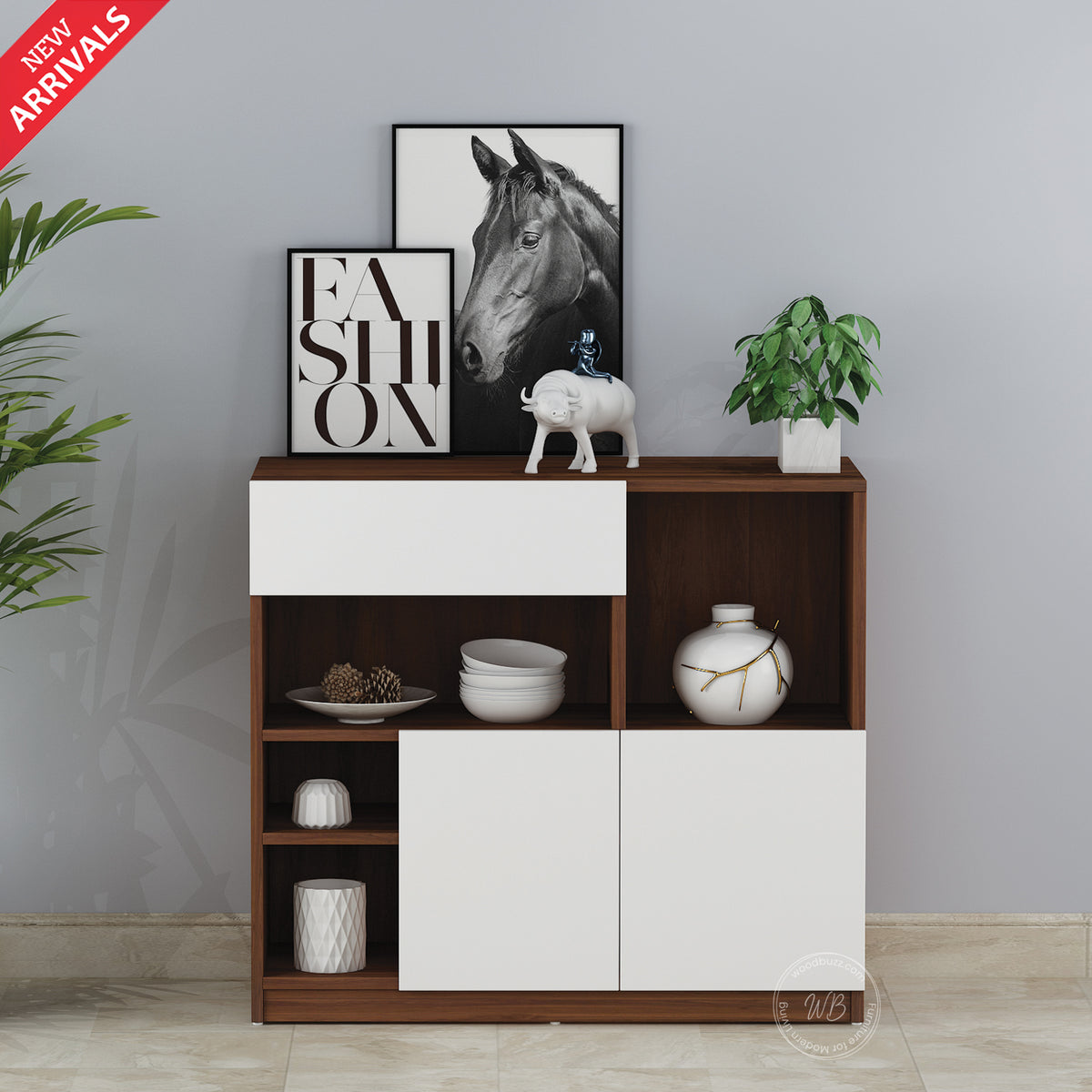 Lisa Side Crockery Unit | Small | Walnut and Frosty White