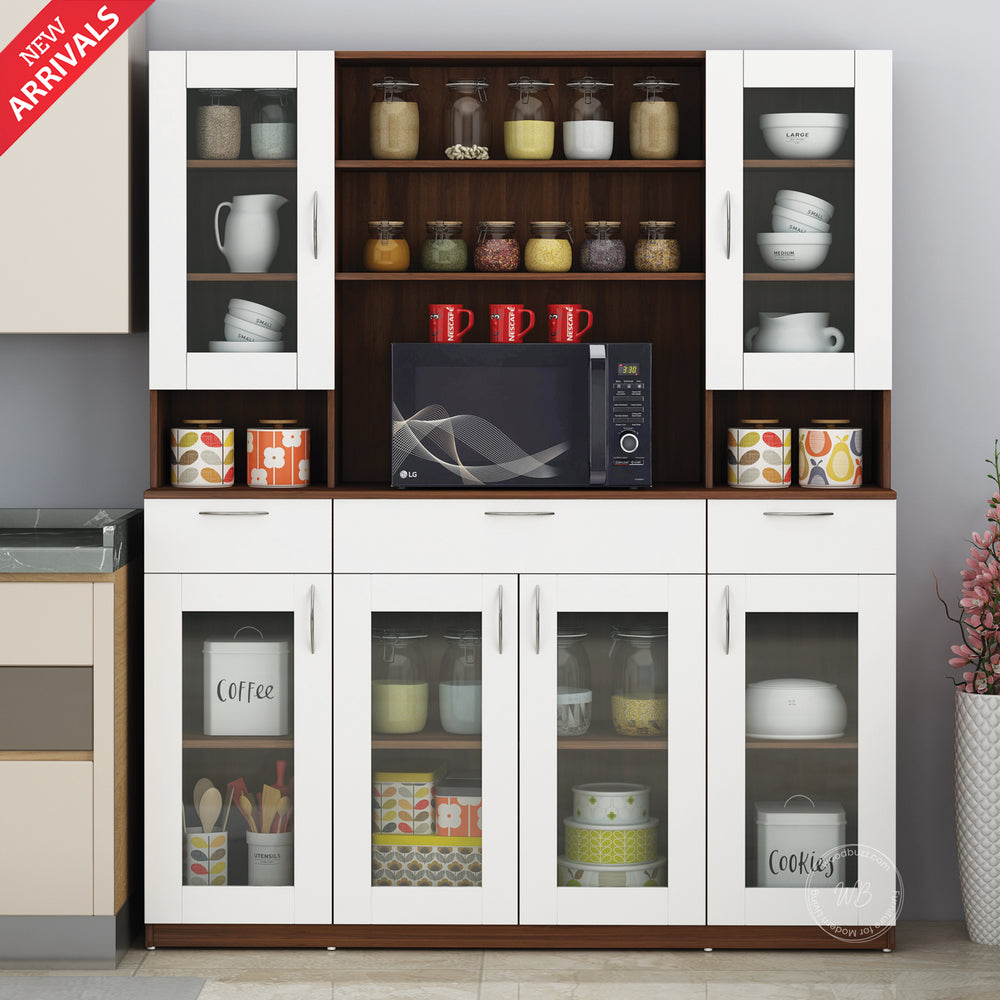 Zeenat Four Door Crockery Unit | Walnut and Frosty White