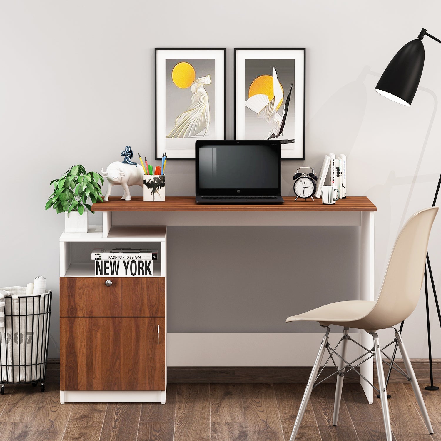Zolt Computer Desk | Walnut and Frosty White
