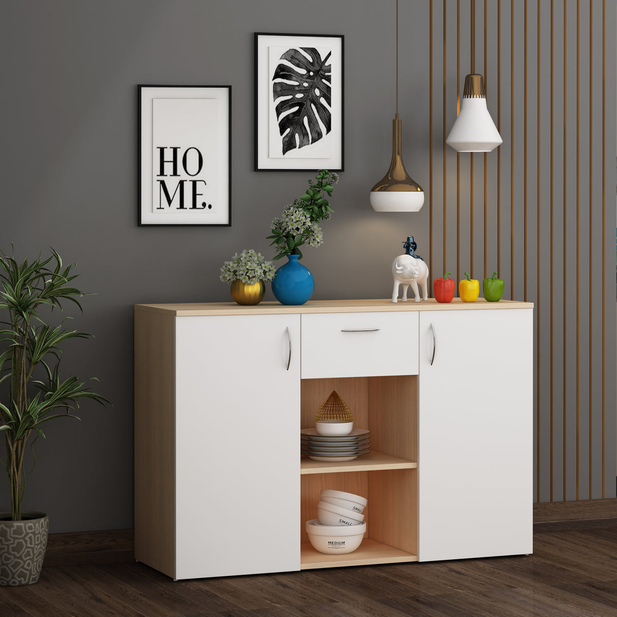 Kyrss Crockery Unit | Beige Teak and Frosty White