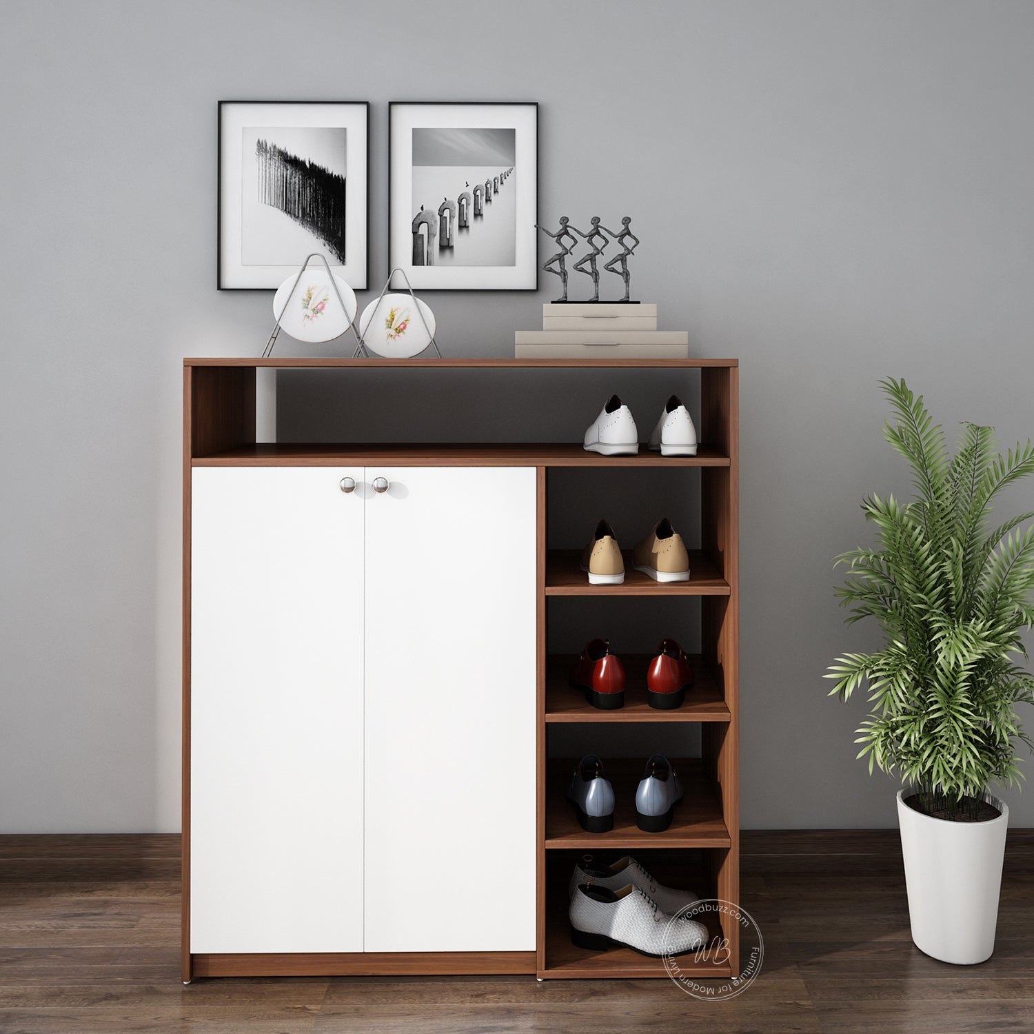 Walk-In Shoe rack | Walnut and Frosty White