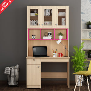 Swotty Study Table with O/H Storage- Pink & Beige Teak