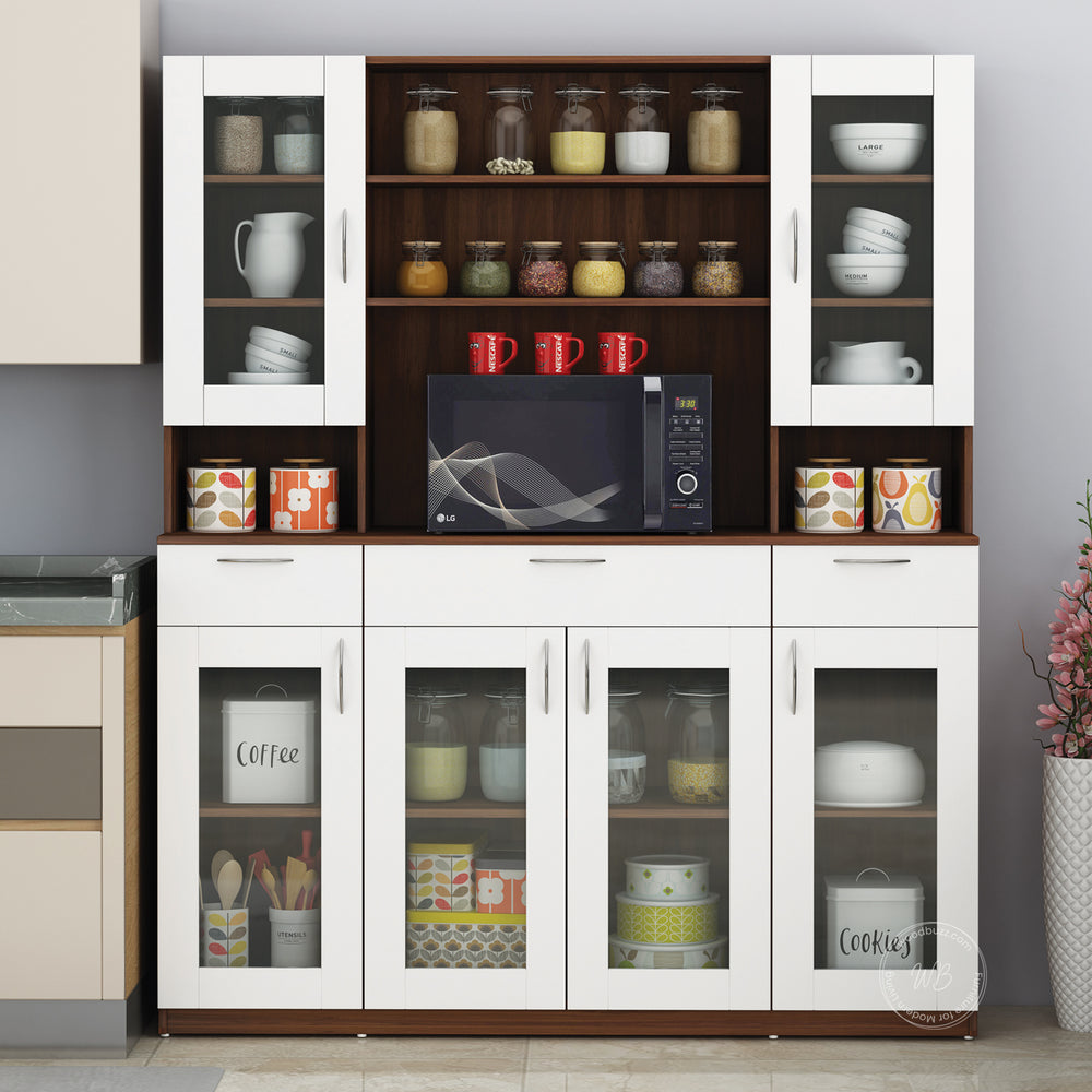 Zeenat Four Door Crockery Unit | Walnut and Frosty White