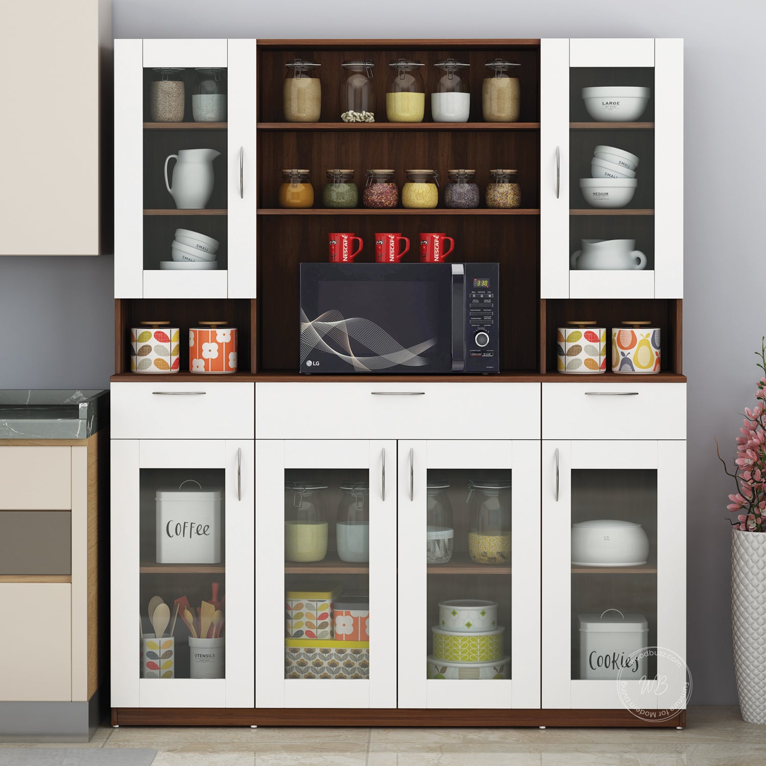 Zeenat Four Door Crockery Unit | Walnut and Frosty White