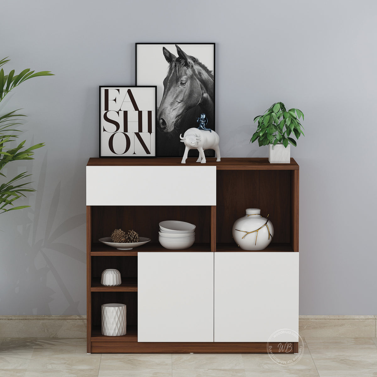 Lisa Side Crockery Unit | Small | Walnut and Frosty White