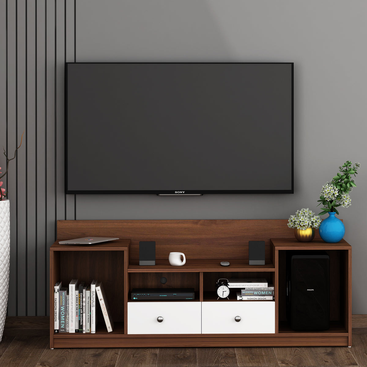 Donald TV Unit- Walnut & Frosty White