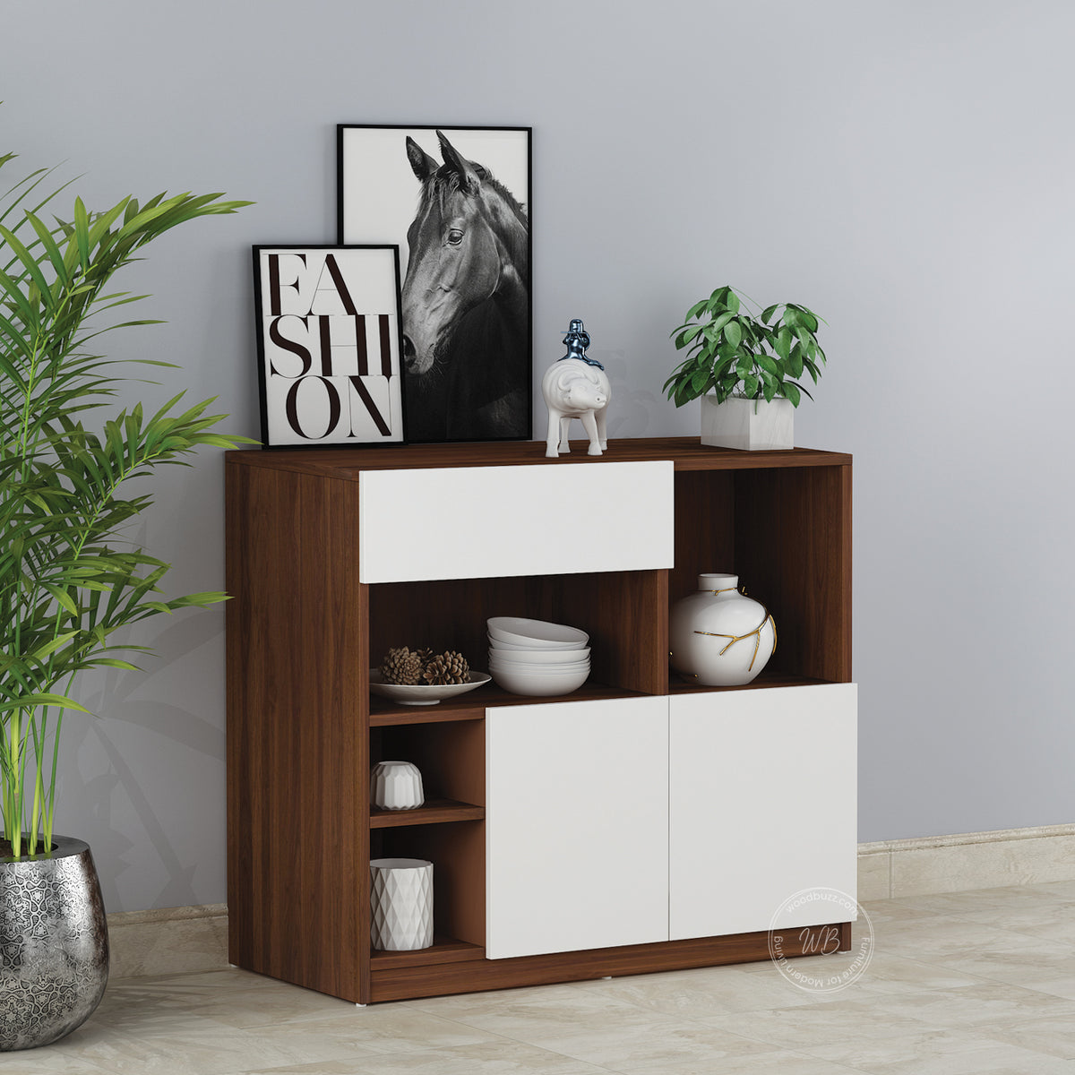 Lisa Side Crockery Unit | Small | Walnut and Frosty White