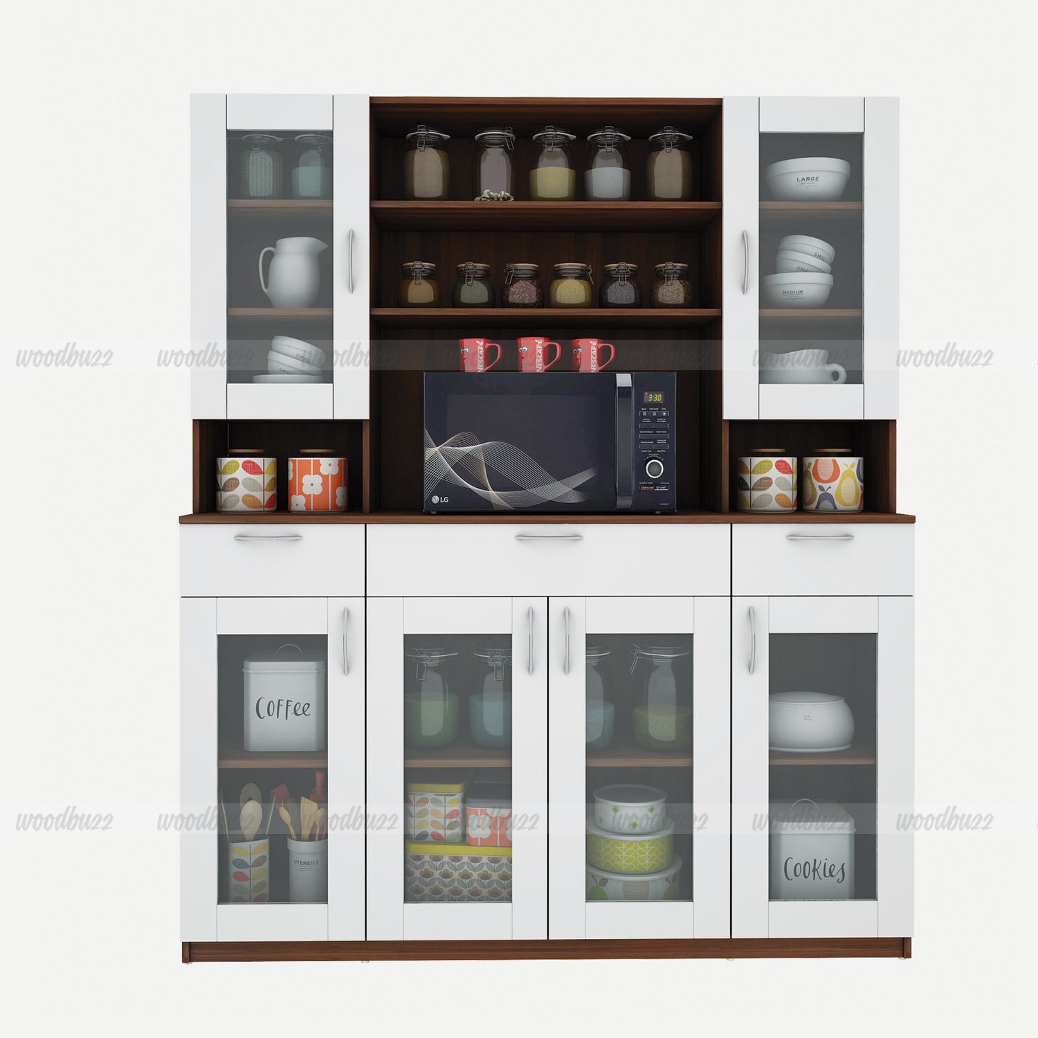 Zeenat Four Door Crockery Unit | Walnut and Frosty White