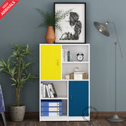 Orbit Bookcase | Yellow, Blue and Frosty White