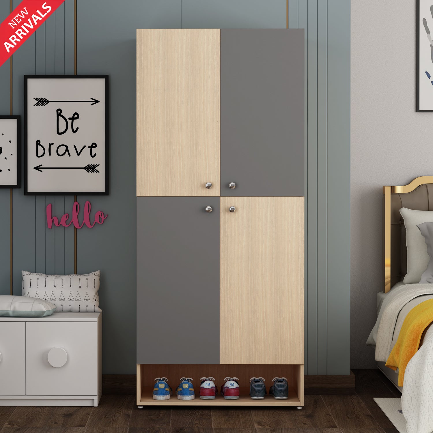 Charles Wardrobe - Beige Teak & Grey