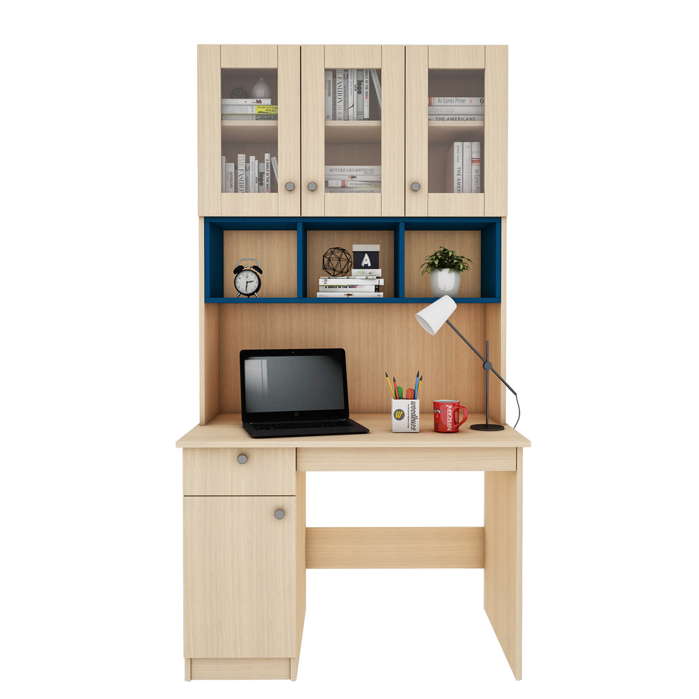Swotty Study Table with O/H Storage | Blue & Beige Teak