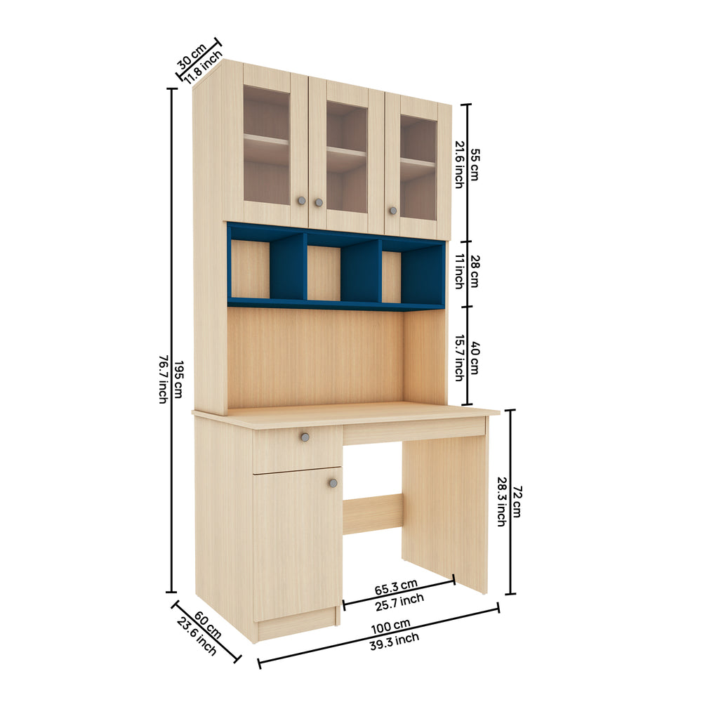 Swotty Study Table with O/H Storage | Blue & Beige Teak