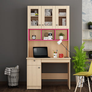 Swotty Study Table with O/H Storage- Pink & Beige Teak