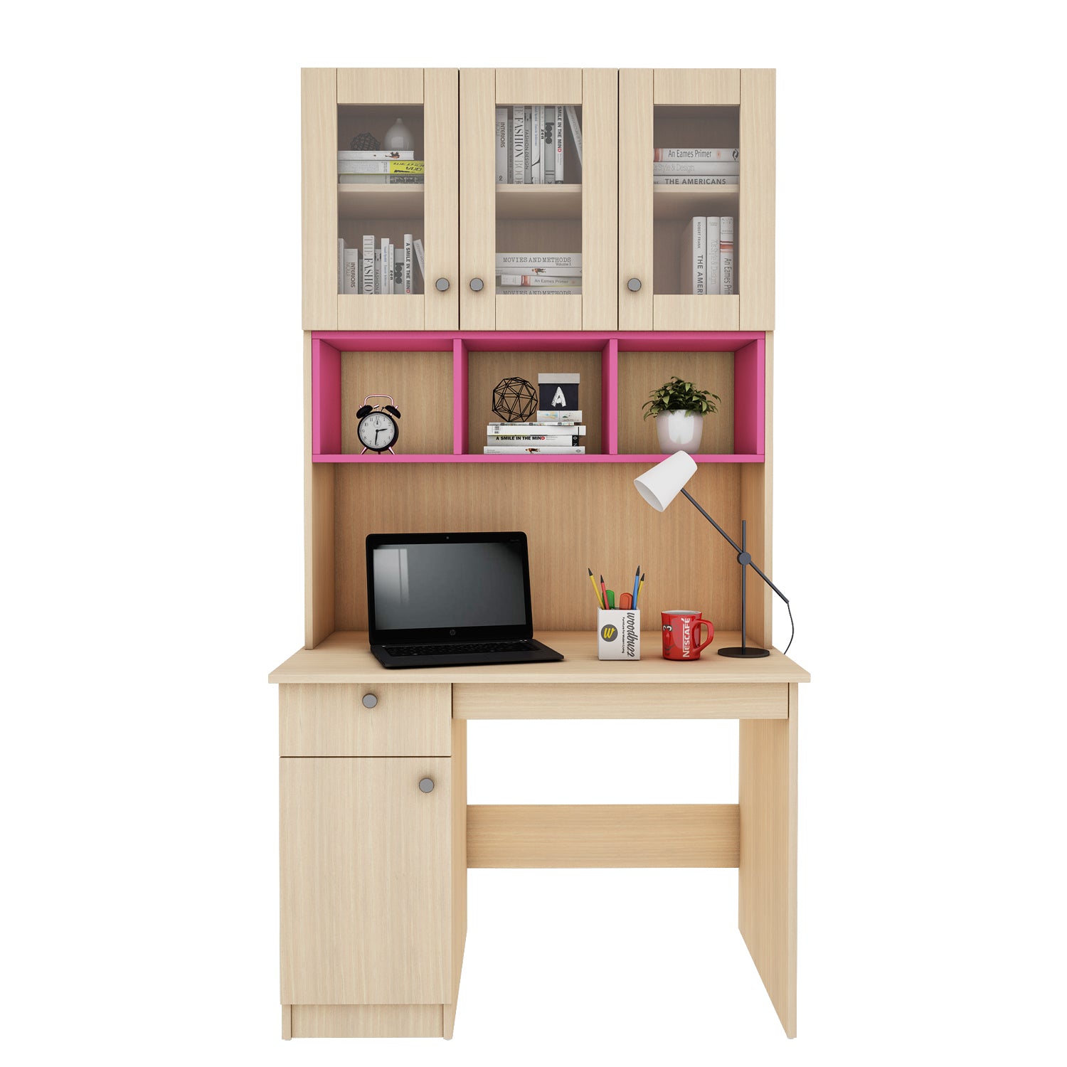 Swotty Study Table with O/H Storage | Pink and Beige Teak