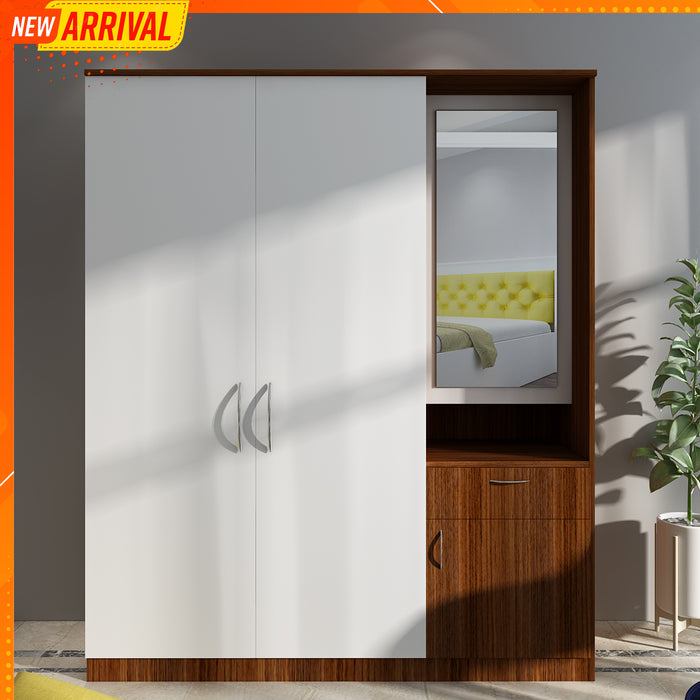 Barney Large Wardrobe cum Dresser | Walnut and Frosty White Without Mirror
