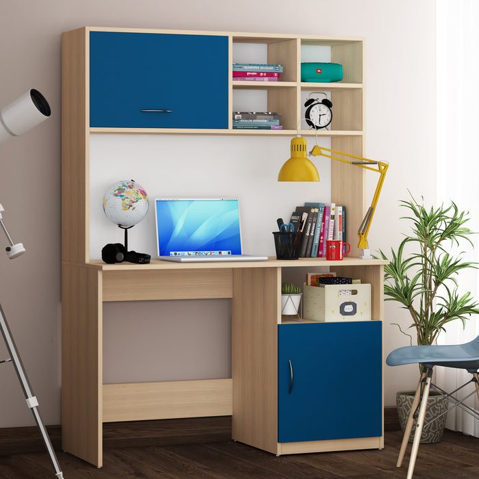 Passion Study Table | Beige Teak, Blue and Frosty White