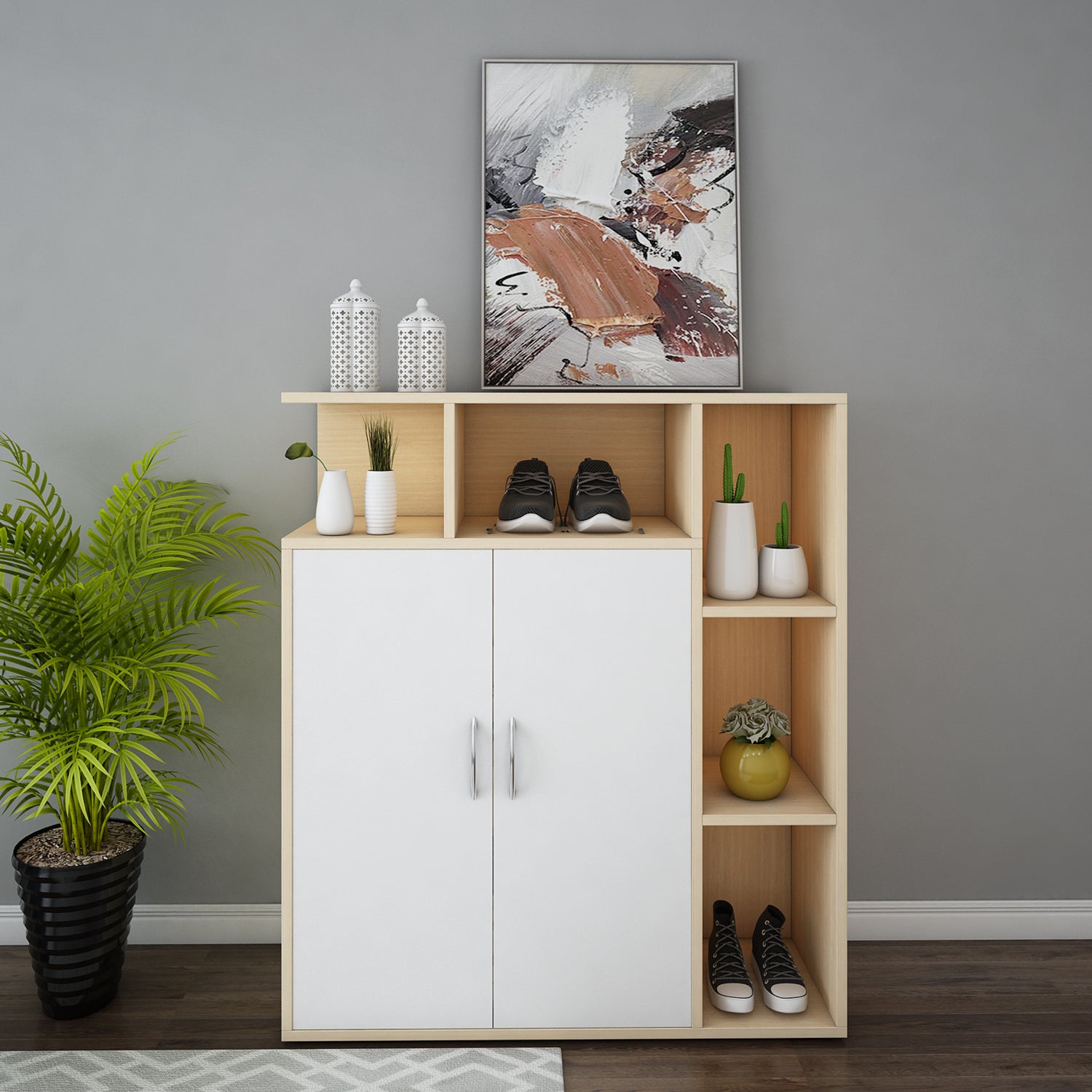 Nevera Shoe Cabinet | Beige Teak and Frosty White