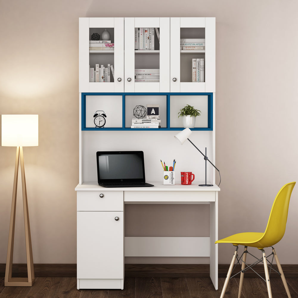 Swotty Study Table with O/H Storage | Frosty White and Blue