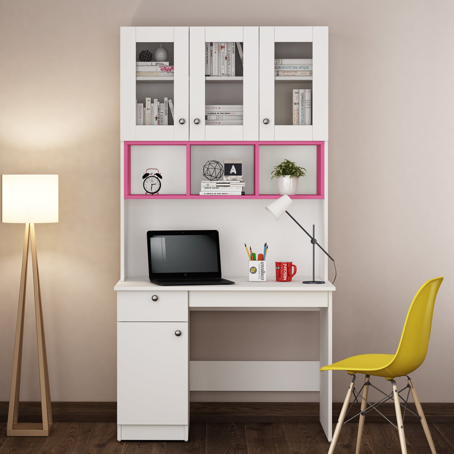 Swotty Study Table with O/H Storage | Frosty White and Pink