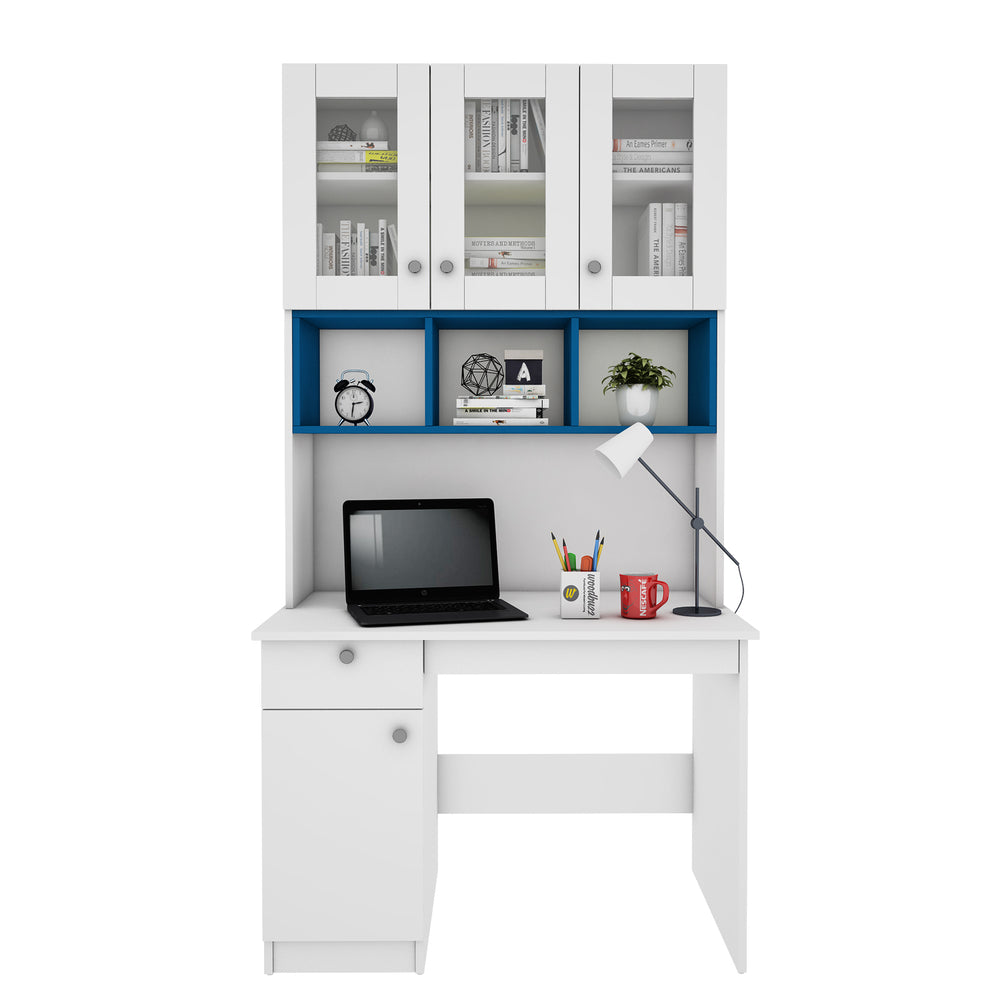 Swotty Study Table with O/H Storage | Frosty White and Blue