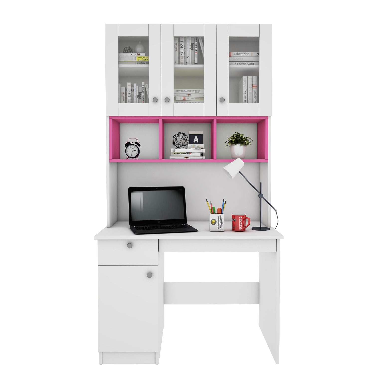 Swotty Study Table with O/H Storage | Frosty White and Pink