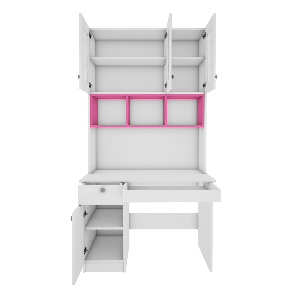 Swotty Study Table with O/H Storage | Frosty White and Pink
