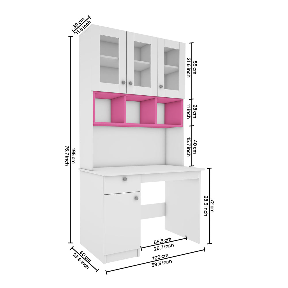 Swotty Study Table with O/H Storage | Frosty White and Pink