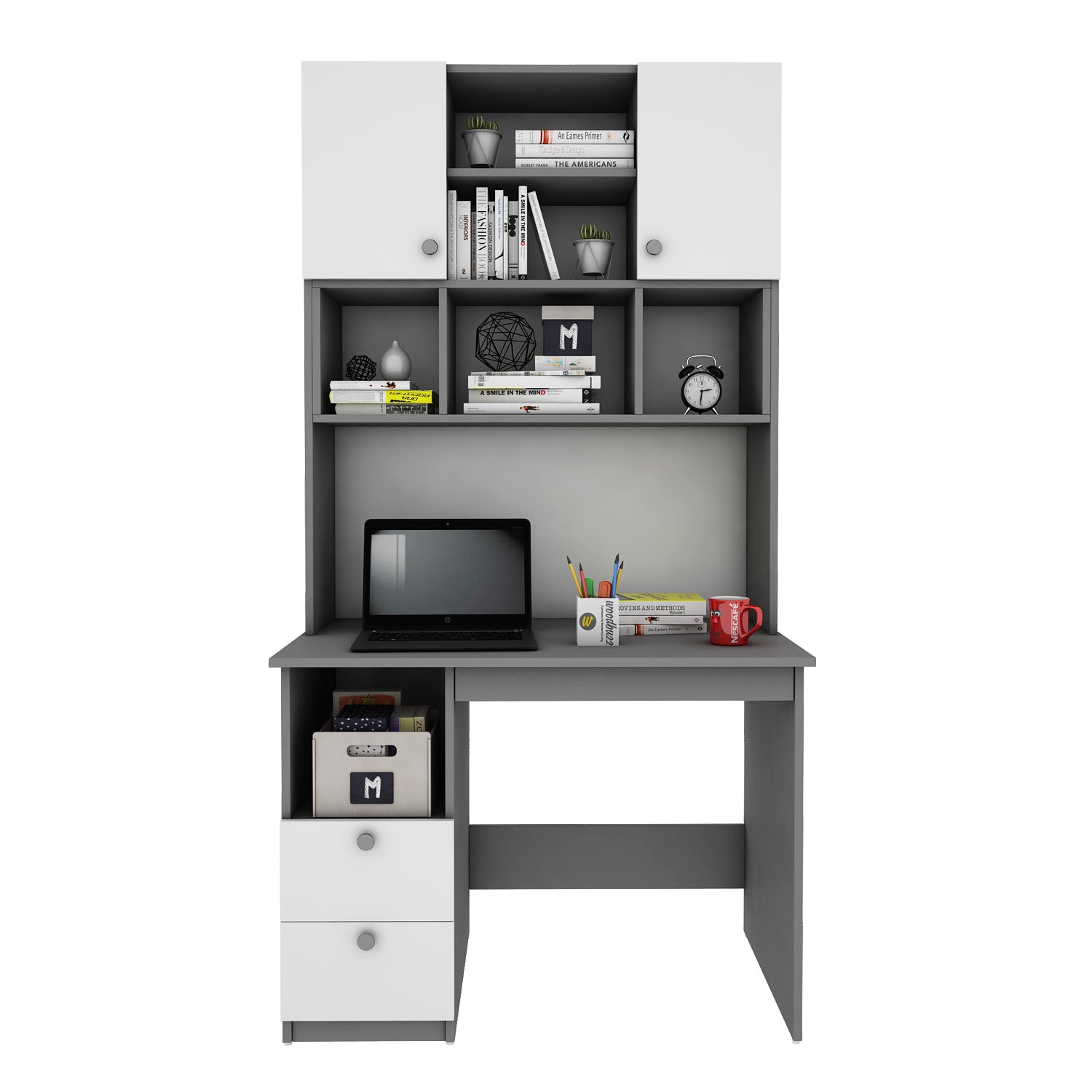 Avenly Study Table with O/H Storage | Grey and Frosty White