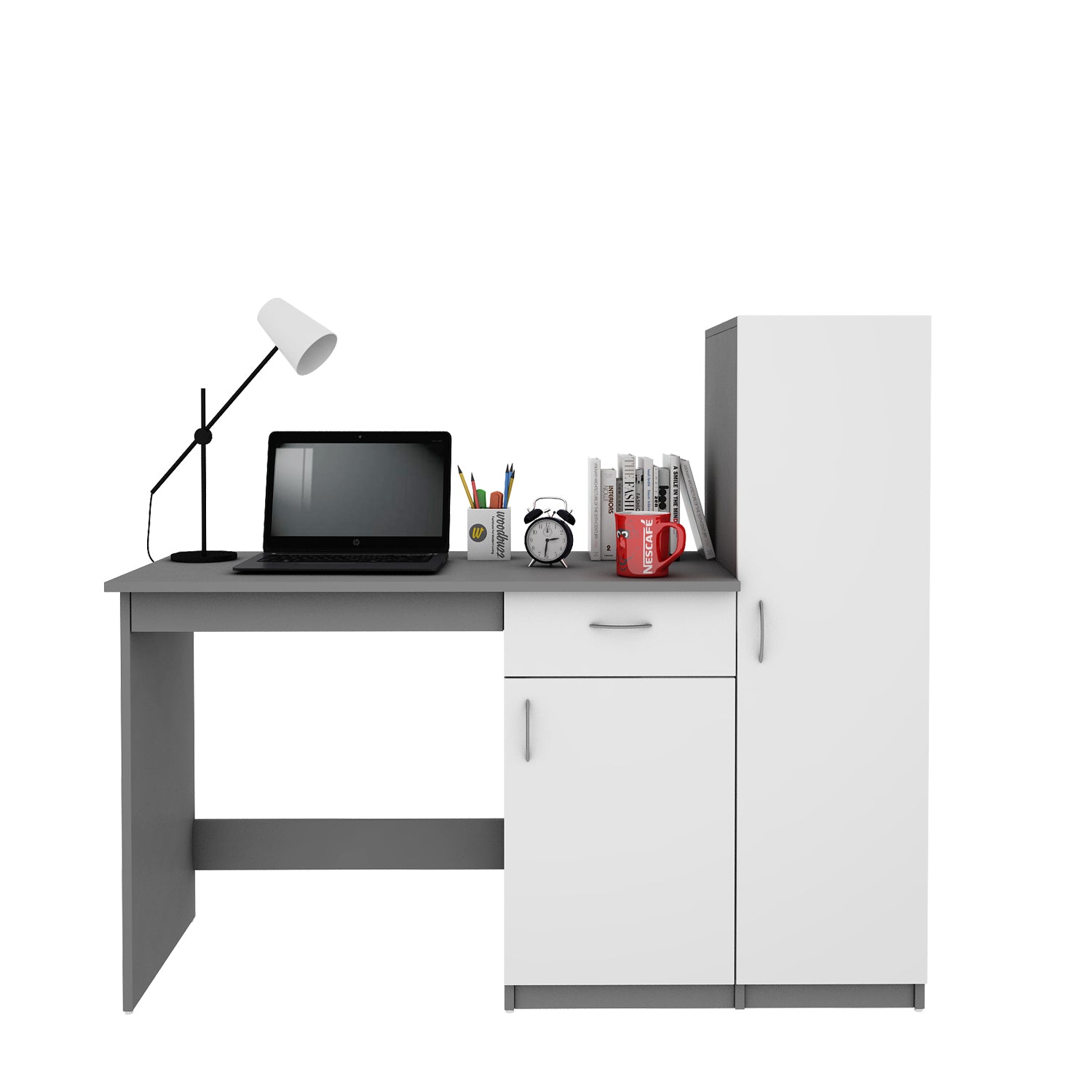 Eager Study Table with O/H Storage | Grey and Frosty White