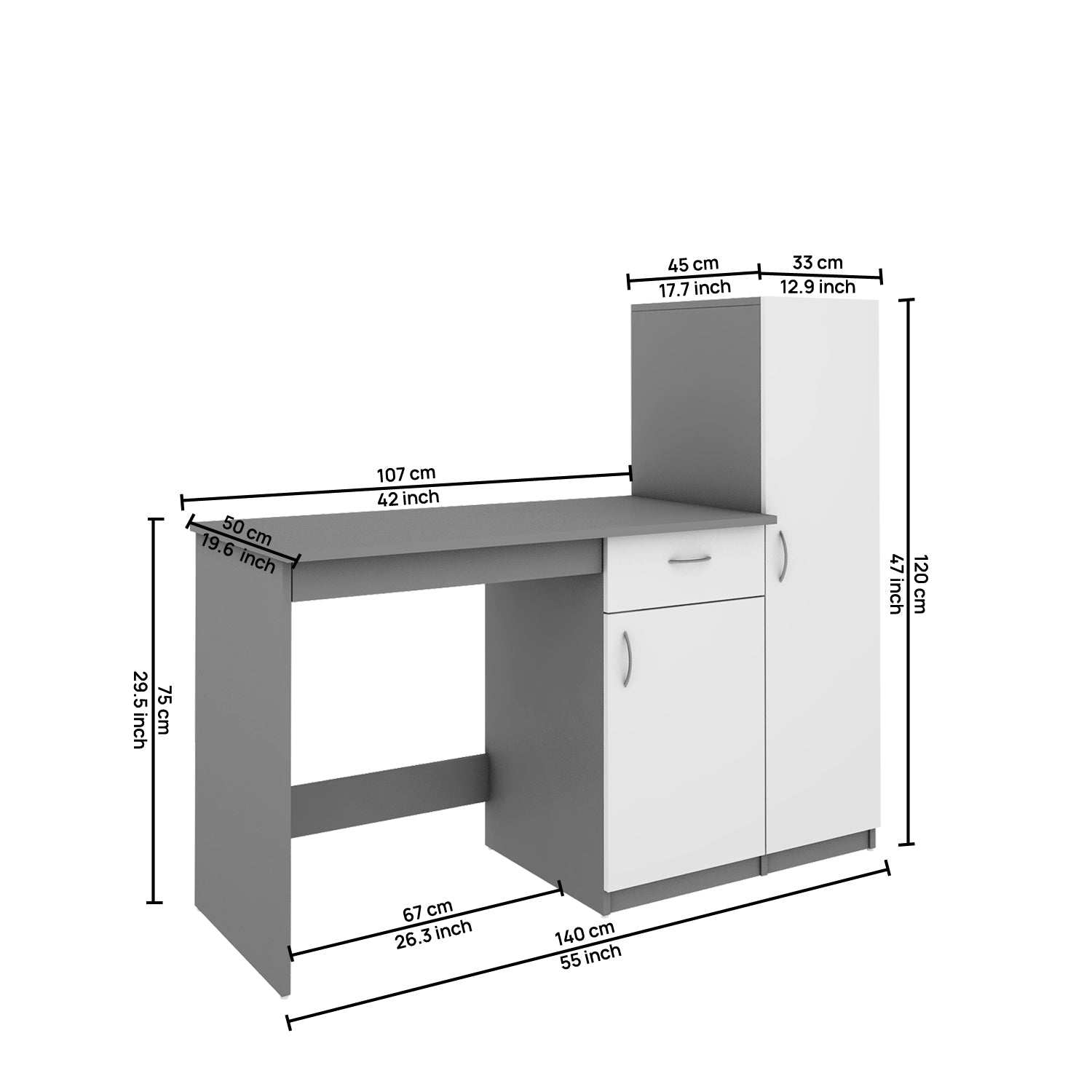 Eager Study Table with O/H Storage | Grey and Frosty White