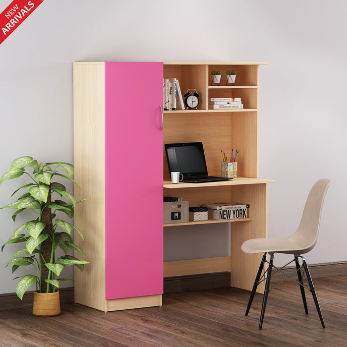 Nector Home Office Table | Beige Teak and Pink