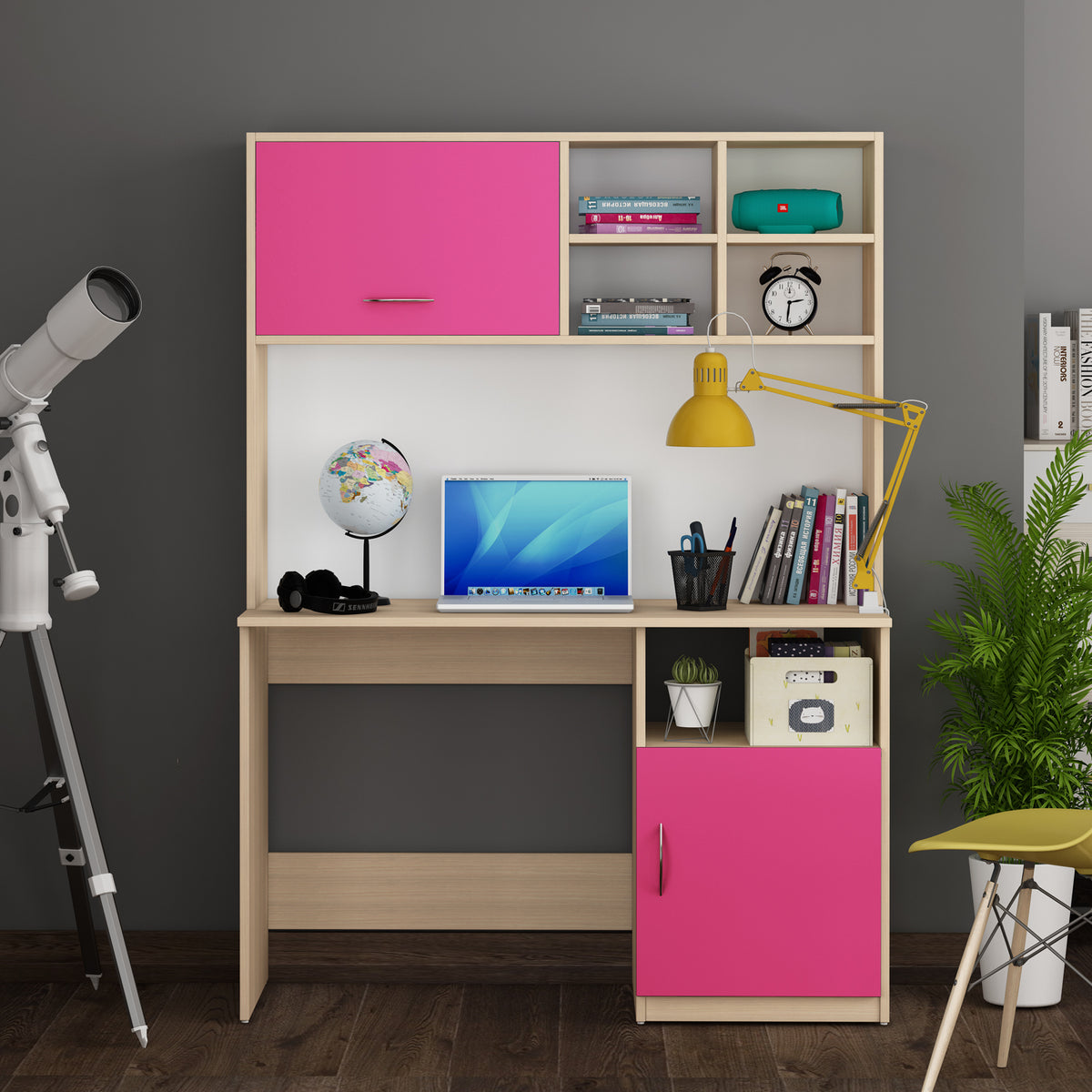 Passion Study Table | Beige Teak, Pink and Frosty White