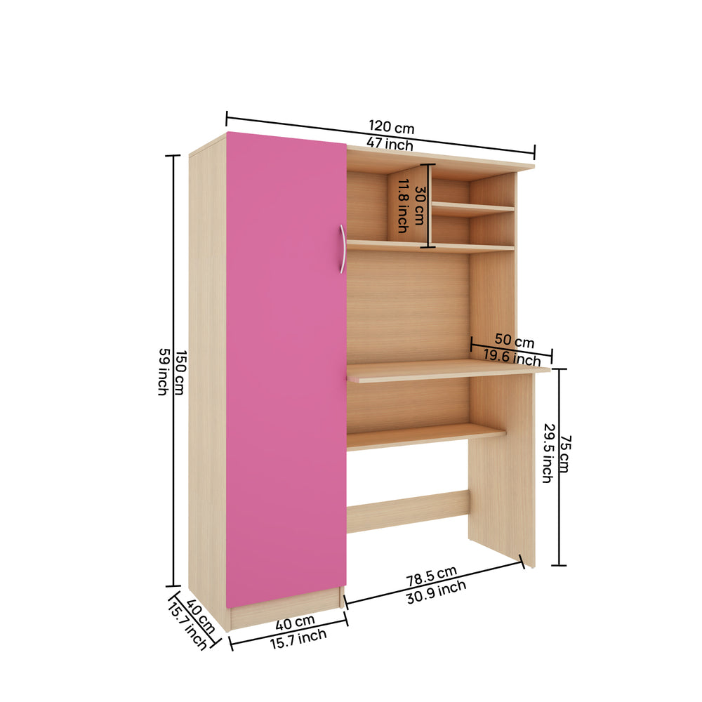 Nector Home Office Table | Beige Teak and Pink