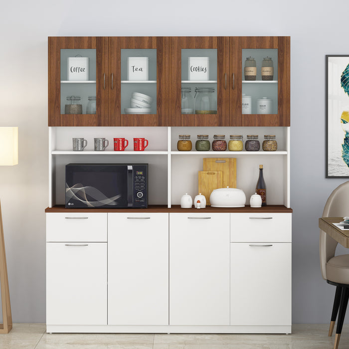 Modish Crockery Unit Four Door | Walnut and Frosty White