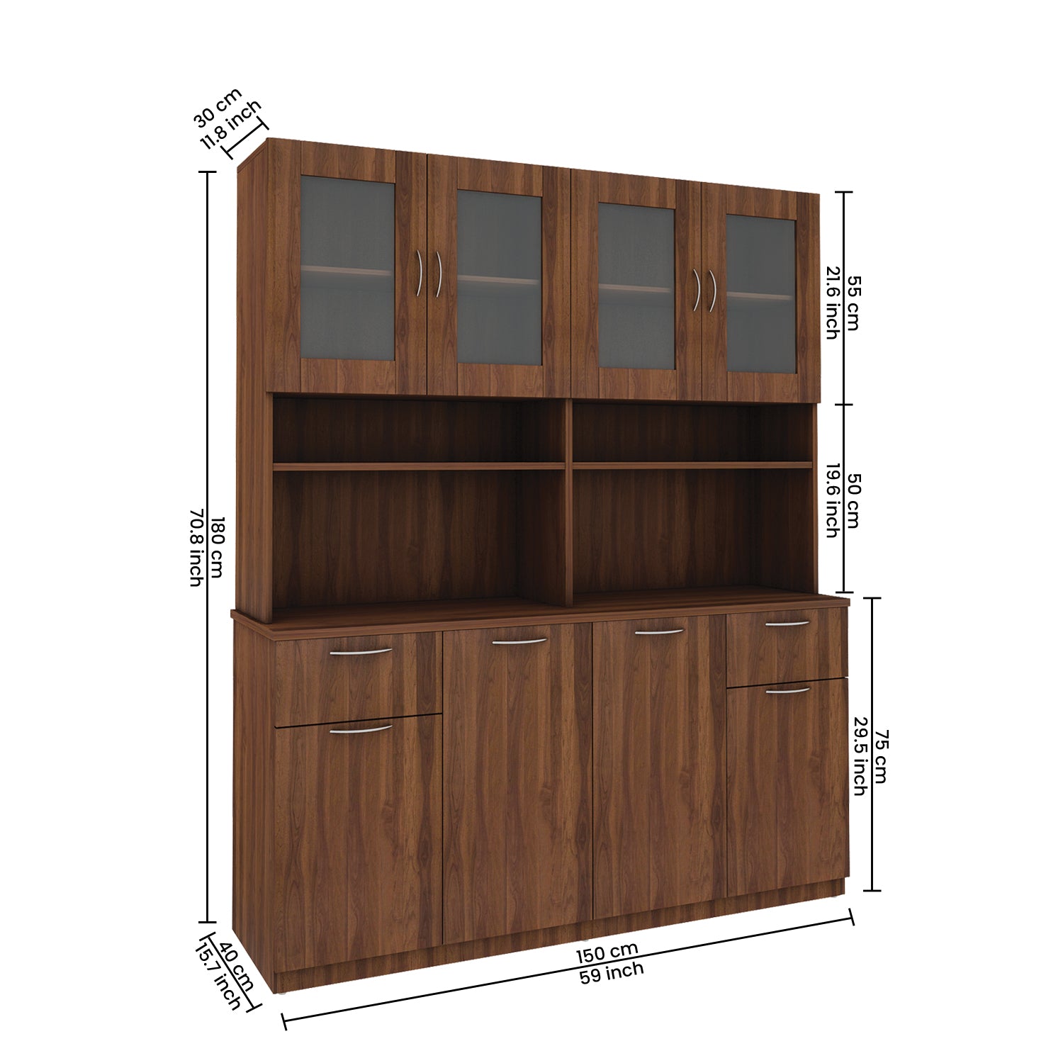 Modish Crockery Unit Four Door | Walnut