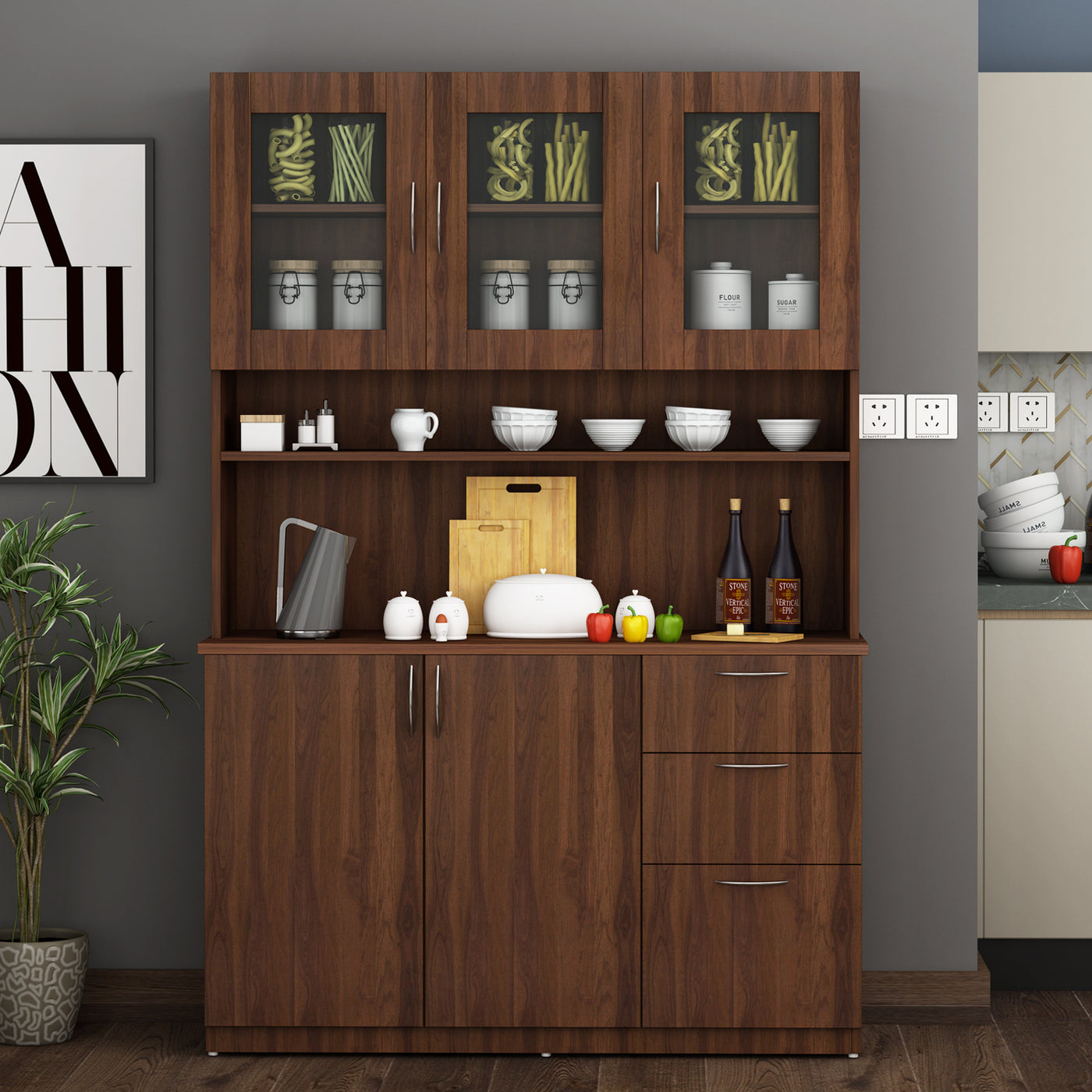 Modish Crockery Unit Three Door | Walnut