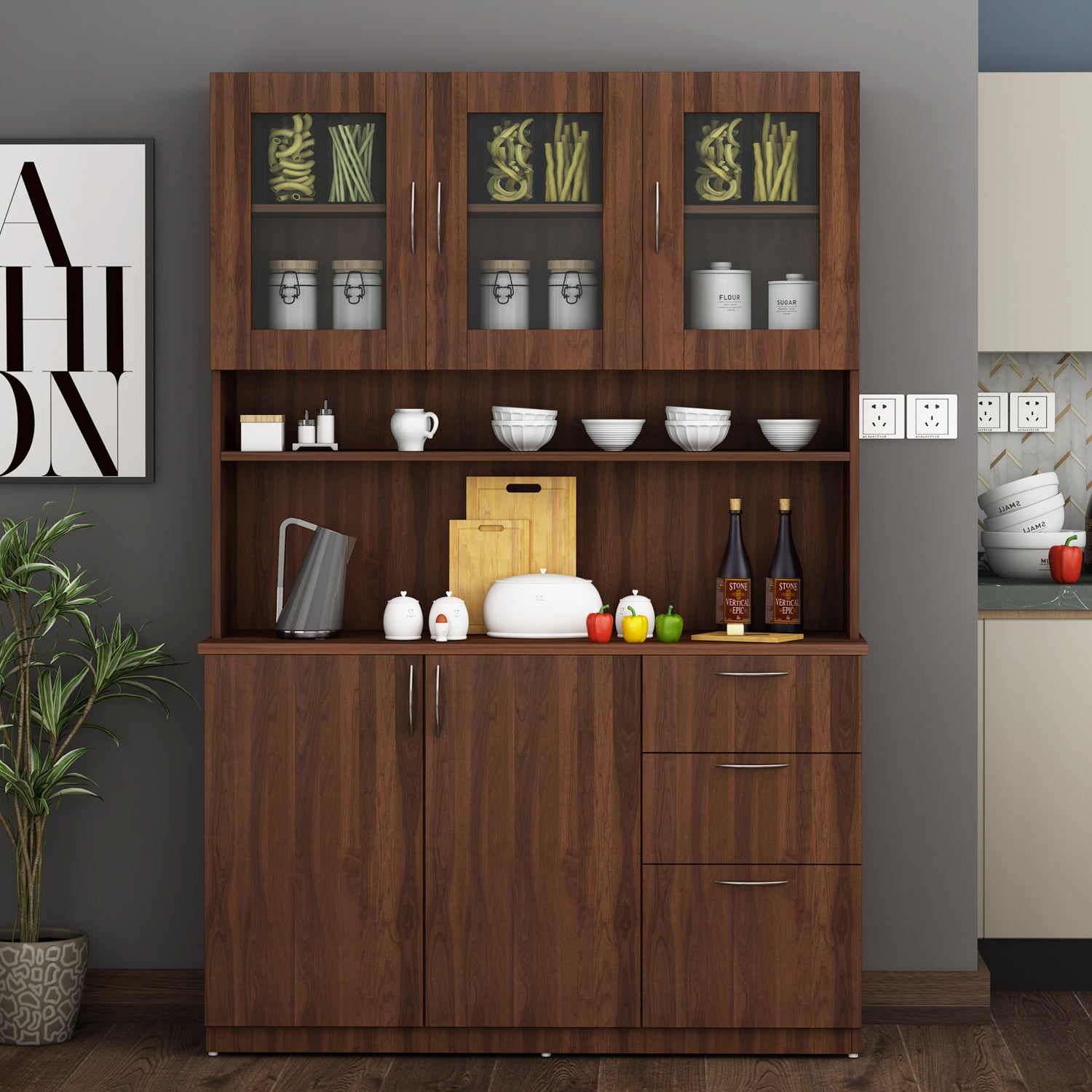 Modish Crockery Unit Three Door | Walnut