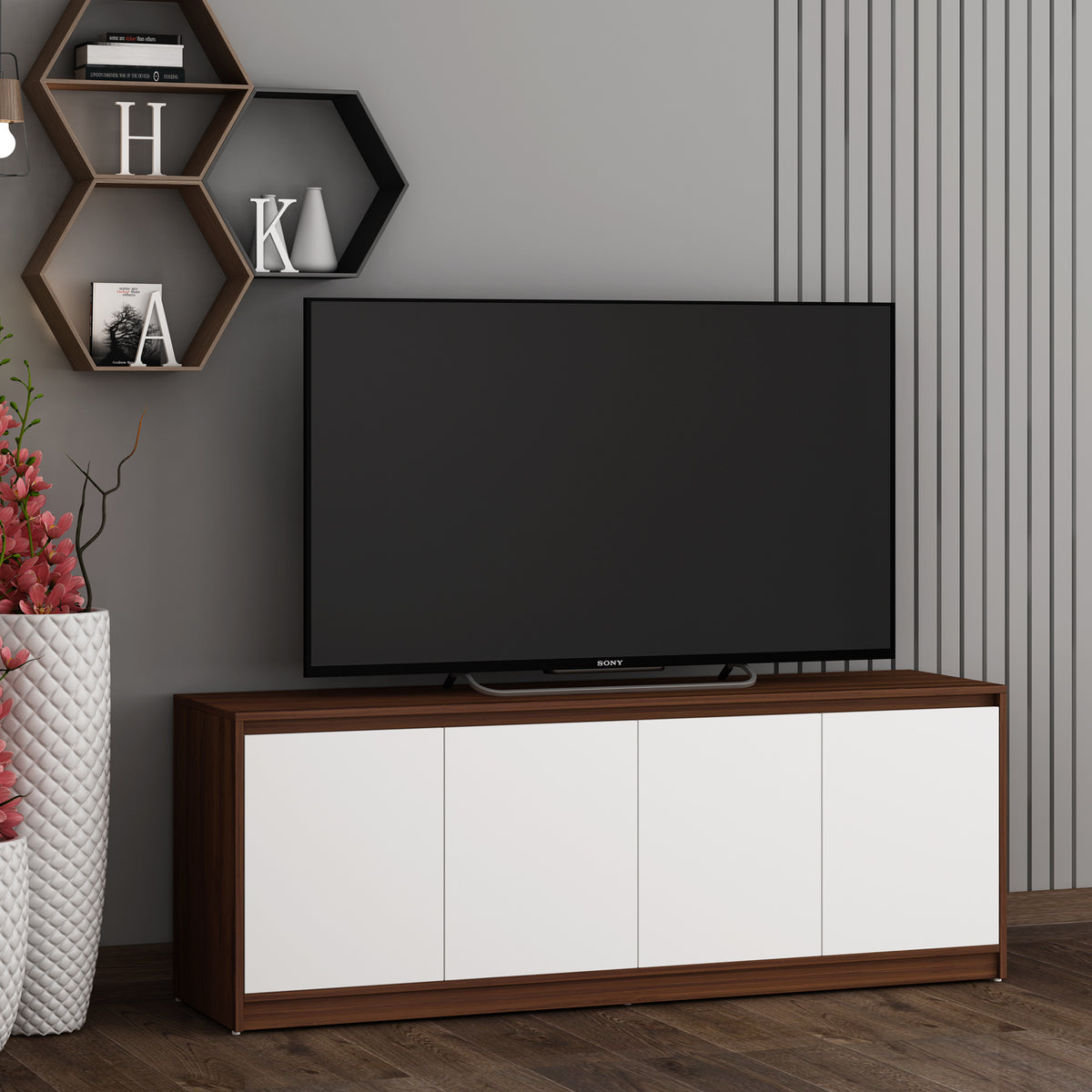 Modena TV Unit- Walnut & Frosty White