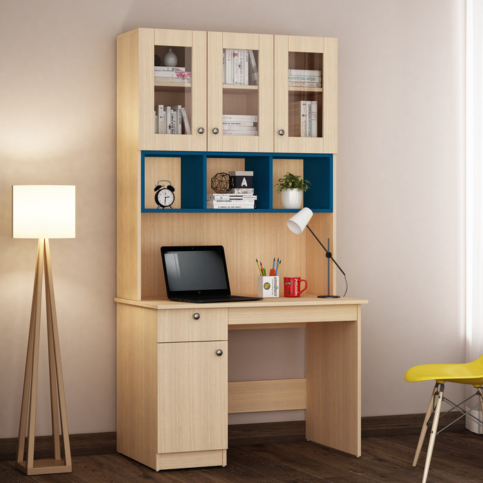 Swotty Study Table with O/H Storage | Blue & Beige Teak