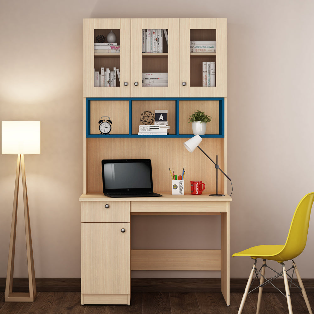 Swotty Study Table with O/H Storage | Blue & Beige Teak