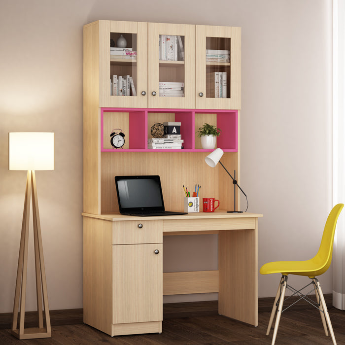 Swotty Study Table with O/H Storage | Pink and Beige Teak