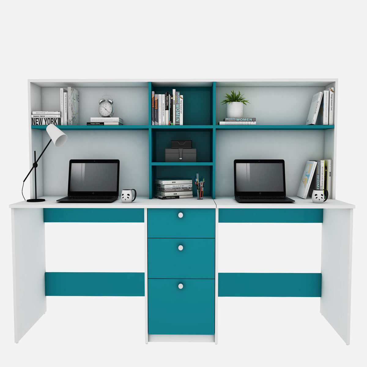 Natsu Twin Home Office Table - Frosty White Ocean Green