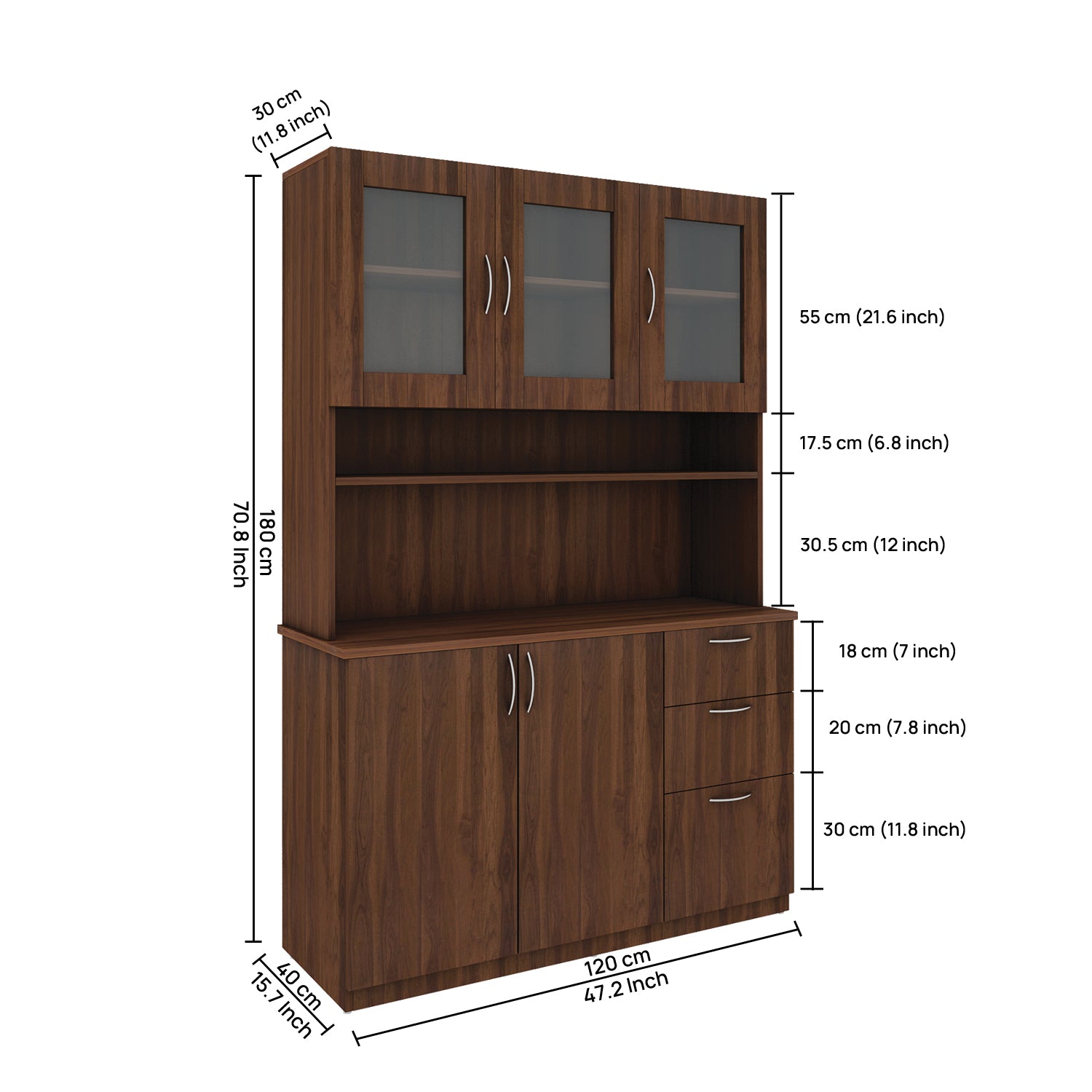 Modish Crockery Unit Three Door | Walnut